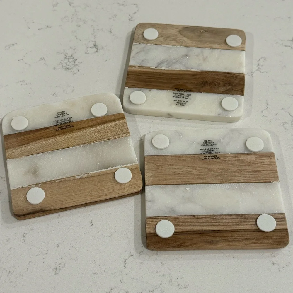 SQUARE MARBLE AND WOOD COASTER 4”(SET OF 3